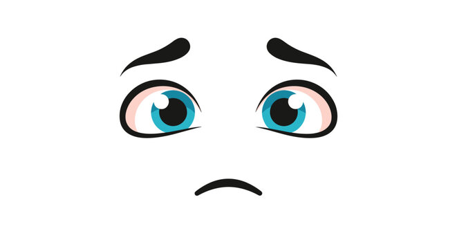 Minimalist cartoon face with wide blue eyes, upturned eyebrows, and a frowning mouth expressing sadness and sorrow.