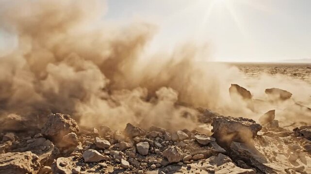 Sudden blast throwing rocks and soil from cracked earth surface