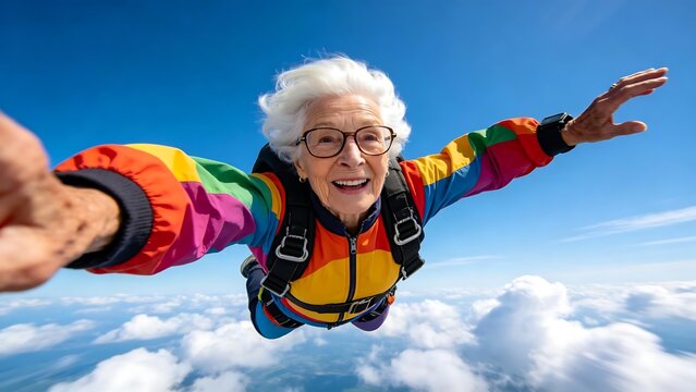 Elderly woman skydiving in colorful suit