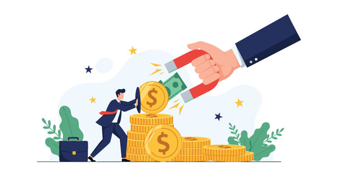 Business professional protects his stack of gold coins from a giant hand using a large magnet to attract and steal his hard-earned money and savings.