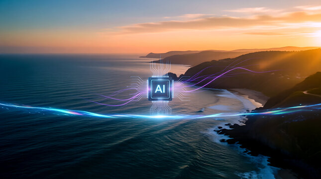 AI sea level rise cinematic coastal hero with overlay for climate resilience whitepaper, machine learning coastal modeling, Fortune 500 coastal infrastructure briefing