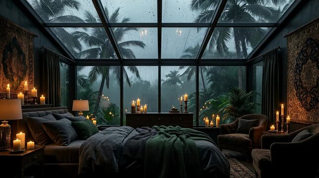 Cozy bedroom with candles and rain outside in a modern glass house