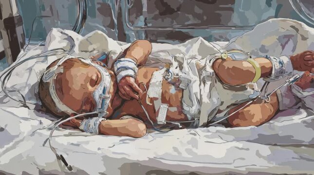 Newborn baby in hospital with medical equipment, receiving care in the neonatal unit at night