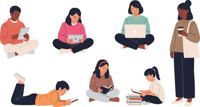 Collection of diverse characters reading books and using digital devices like laptops and tablets in flat illustration style with technology diversity education character illustration learning