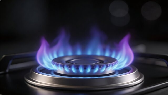 Gas stove burner with blue and purple flames