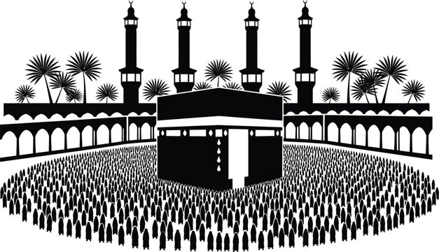 Illustration of the kaaba in mecca with minarets and a large crowd of pilgrims in a black and white silhouette style, a striking black and white graphic representation of the kaaba in mecca, religion