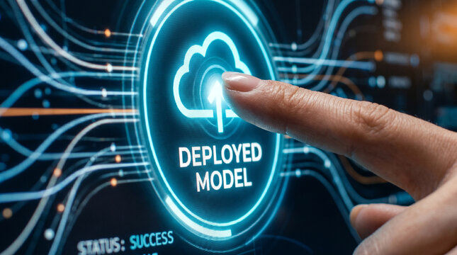 Cloud computing ai inference deployed model digital interface finger touch success status