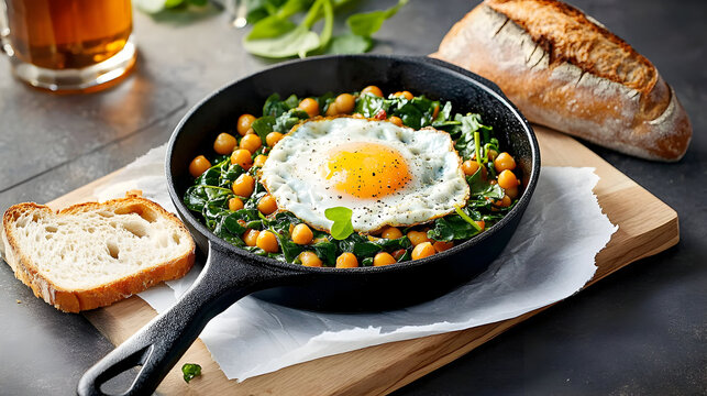 Fried egg with chickpeas and spinach in a cast iron skillet