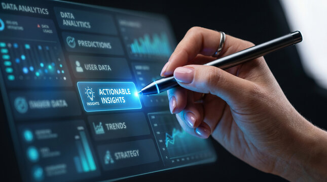 Ai inference data analytics dashboard with hand using stylus for actionable insight and prediction