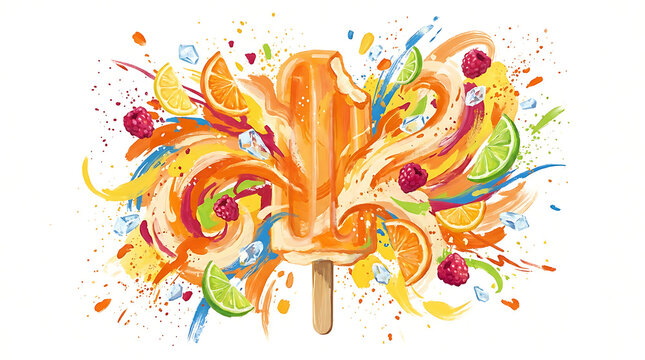 Vibrant orange creamsicle popsicle exploding with fresh fruit and colorful splatters
