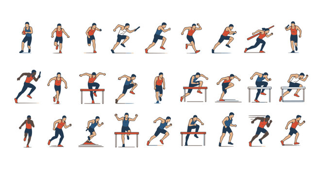 Set of Running Athletes in Various Poses with Hurdles and Batons