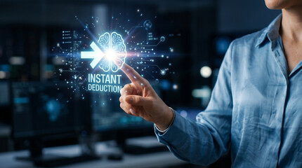 Obraz premium Instant deduction ai inference concept with hand pointing at glowing brain interface in dark office