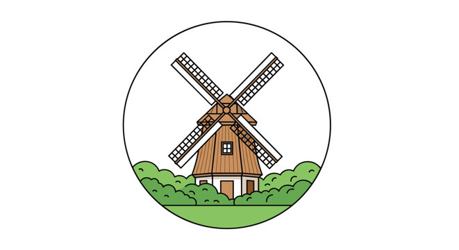 Classic brown wooden windmill surrounded by green bushes and grass inside a white circular frame for a rural landscape.