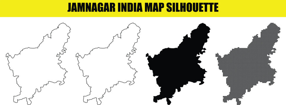 Jamnagar district map silhouette set displaying geographical boundaries and outlined shape in different creative styles.