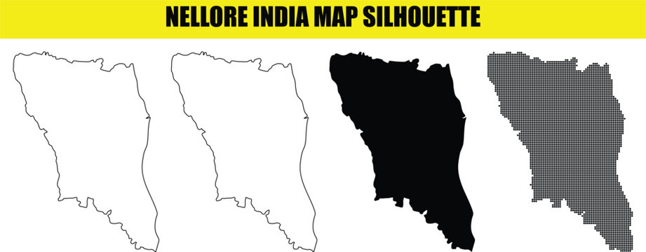 Nellore india map silhouette pack containing solid black outline and pixelated dot styles for geographical design.