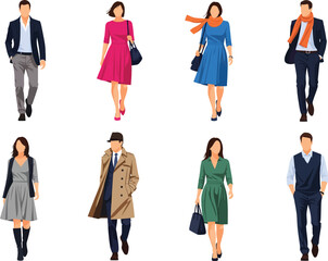 Fototapeta premium Modern fashionable men and women walking vector illustration flat character set with illustration characters clothing lifestyle collection isolated shopping activity ensemble accessories