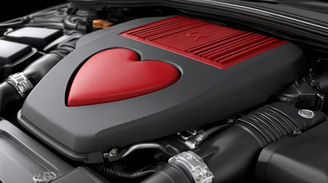 Close up of a car engine featuring a red heart shape element
