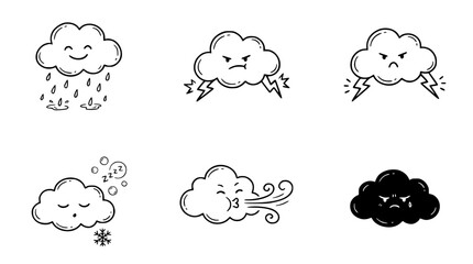 Obraz premium Cute Weather Icons Line Art Collection of Emotive Clouds