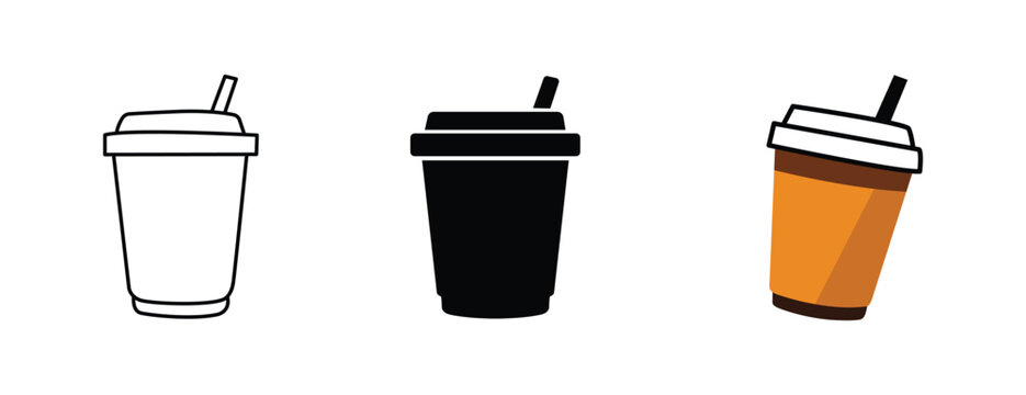 Coffee Cup with Straw Vector Icon Set in Outline and Solid Styles for Caf&eacute; and UI Design