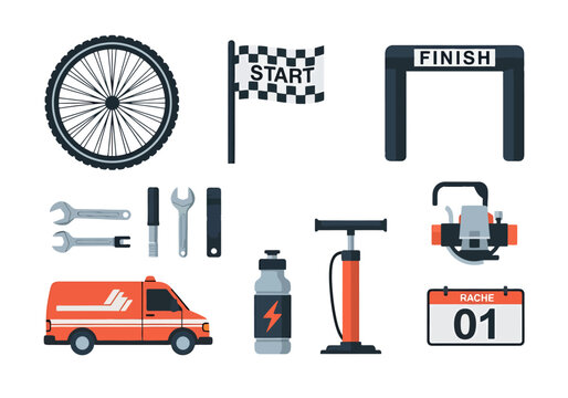 Collection of cycling competition elements including a wheel start finish line arch checkered flag repair tools sports bottle pump service vehicle and calendar day for race day preparation and