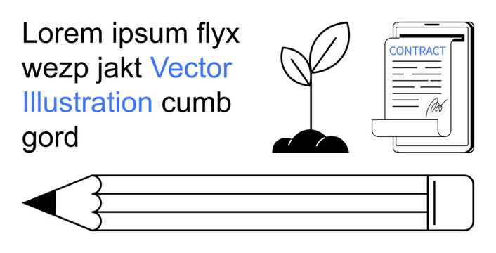Creativity, design process, education, business contracts, growth innovation. Pencil plant sprout contract document. Creativity and design process. Line metaphor. Simple line icons