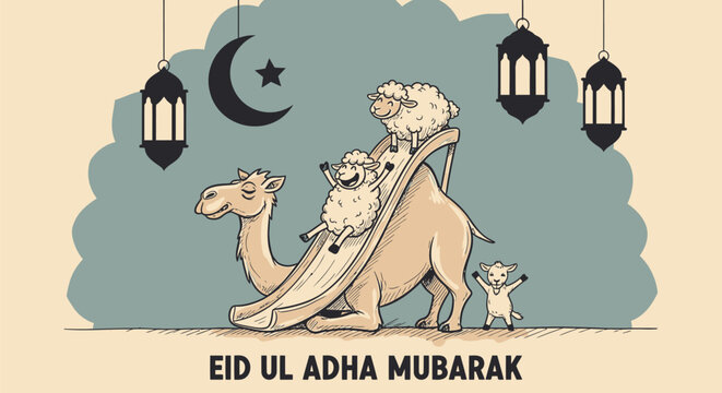 Eid Ul Adha Mubarak, Islamic Holiday, Camel Family, Ramadan Greeting, Vector Illustration