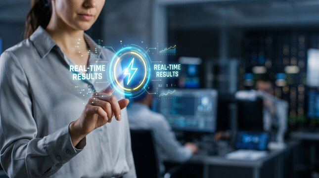 Ai inference real time result in technology office with woman touching digital interface and data screen