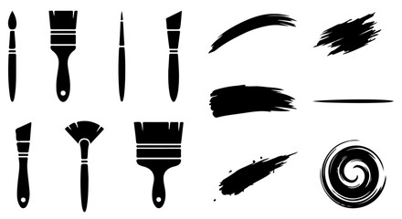 Artist paint brushes and ink stroke silhouettes vector collection, Minimalist art tool icons featuring paint brushes and textured © Nayan
