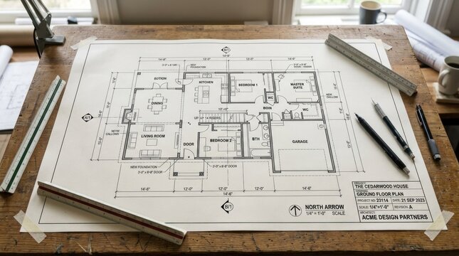 A blueprint for a house with a scale drawing of the interior layout, placed on a wooden table with various tools and documents around it.