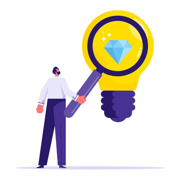 Finding best idea for business concept, project management, new idea generation, businessman using a magnifying glass find brilliant idea