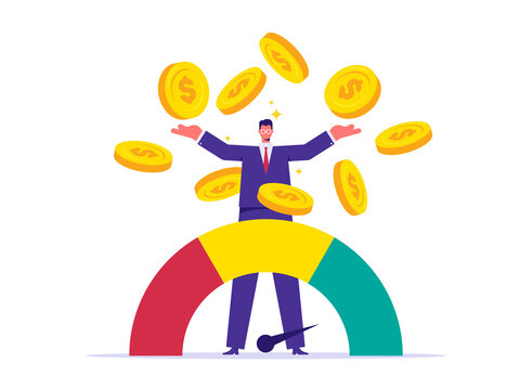 Good credit score for credit card spending concept, businessman with dollar coin and credit score with loan arrow gauge speedometer indicator from poor to good rate