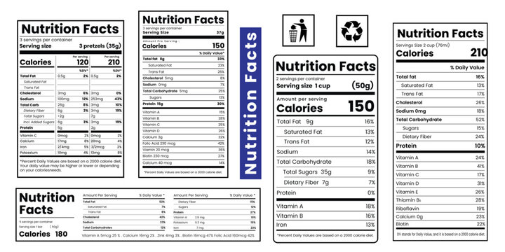 Nutrition Facts,Nutrition Facts Label, Supplement facts, Vitamin Facts,Set of various nutrition facts label templates for food packaging design with calorie and vitamin information included
