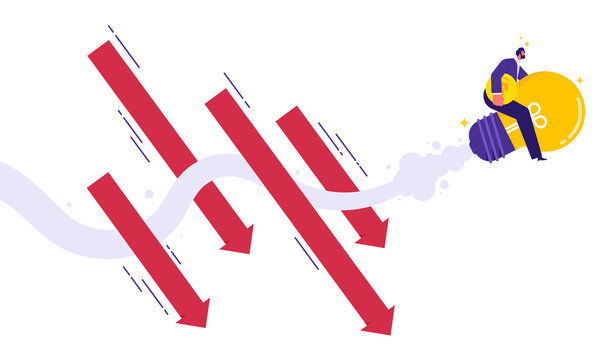 Idea for overcome difficulty in economic crisis concept, business survival during recession, adaptation of company to cope with situation, businessman riding light bulb rocket to avoid down arrows