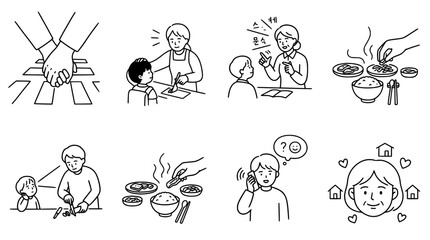 Fototapeta premium Cute line art of cooking activities and family meals illustration.