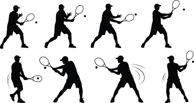 Professional athletic tennis player silhouettes performing dynamic forehand and backhand swings during competitive match