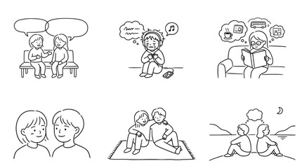Simple line art displaying friends sharing stories while relaxed.