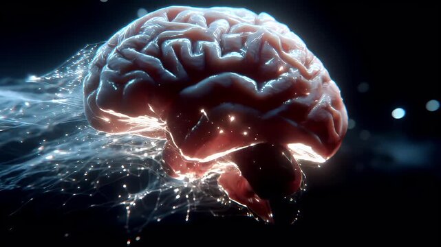 Artificial intelligence. Neuron network. A detailed, highresolution digital artwork depicts a human brain rendered in a realistic style. The brain is rendered with intricate details.