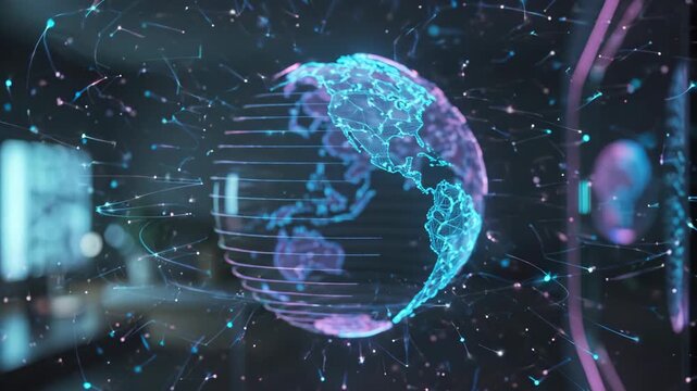 Futuristic Digital Globe Visualization with Neon Lights and Data Streams.