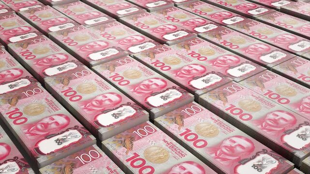 New Zealand 100 Dollar Banknote Horizontal 3D Animation, Realistic NZD Currency Motion Background for Finance and Business Investment 4K