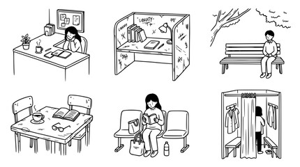 Naklejka premium Casual workspace sketches including chairs, desk, and books.