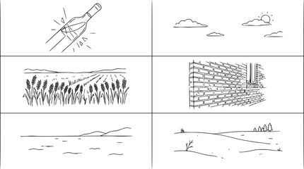 Fototapeta premium Whimsical sketches depicting nature, landscape, and sunset views.