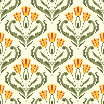 Seamless Art Nouveau Vintage Style Ogee Damask Floral Pattern with Yellow Tulips and Green Scrollwork