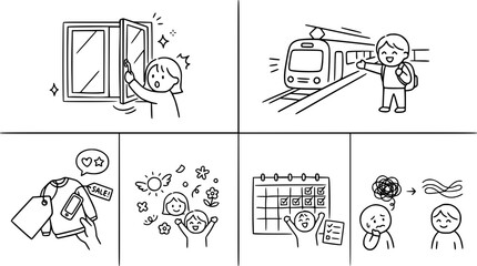 Fototapeta premium Cute Line Art Characters Engaging with Daily Activities Collection