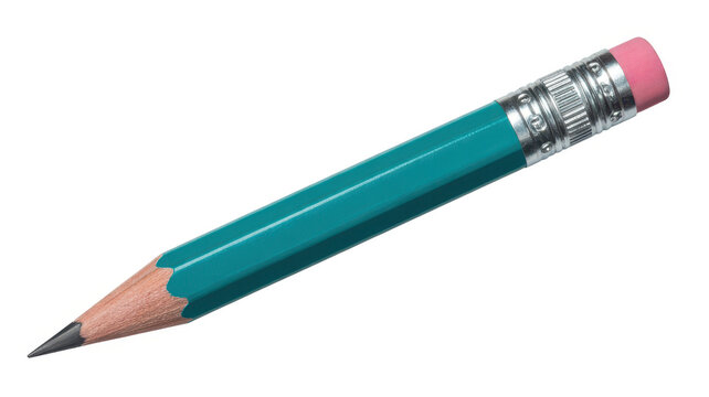 Single wooden pencil with teal painted body and pink eraser isolated on a white background