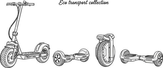 Eco transport collection vector line art featuring electric kick scooter hoverboard and unicycle isolated on white background for modern urban mobility design. © Limon