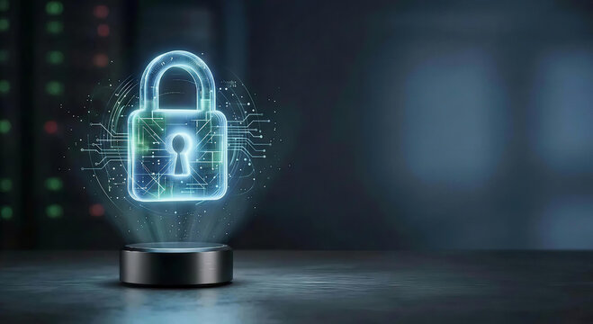 Glowing cybersecurity padlock interface on digital network background