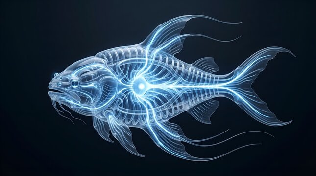 Futuristic glowing fish illustration for underwater fantasy storytelling, digital creature design and abstract technology inspired visuals