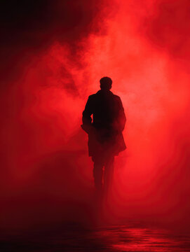 Mysterious silhouette of a man in a coat walking into thick red smoke and fog on a dark street, atmospheric noir concept of a secret agent or detective stepping into a dangerous urban underworld