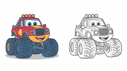 Coloring book-style illustration of smiling monster truck © Pemuda