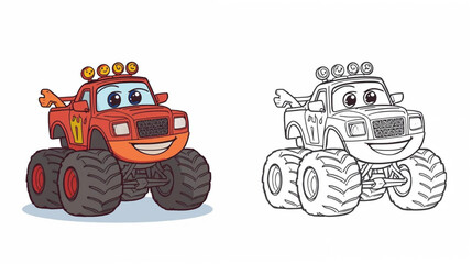 Coloring book-style illustration of smiling monster truck © Pemuda